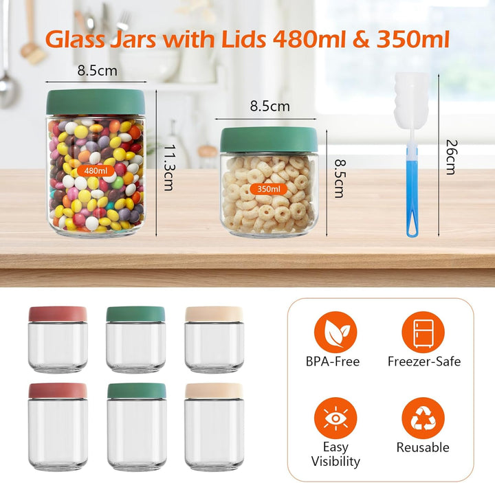 VINATO Meal Prep Gläser 6er Set mit Deckel | 3x480ml + 3x350ml Overnight Oats Behälter, Stapelbare J