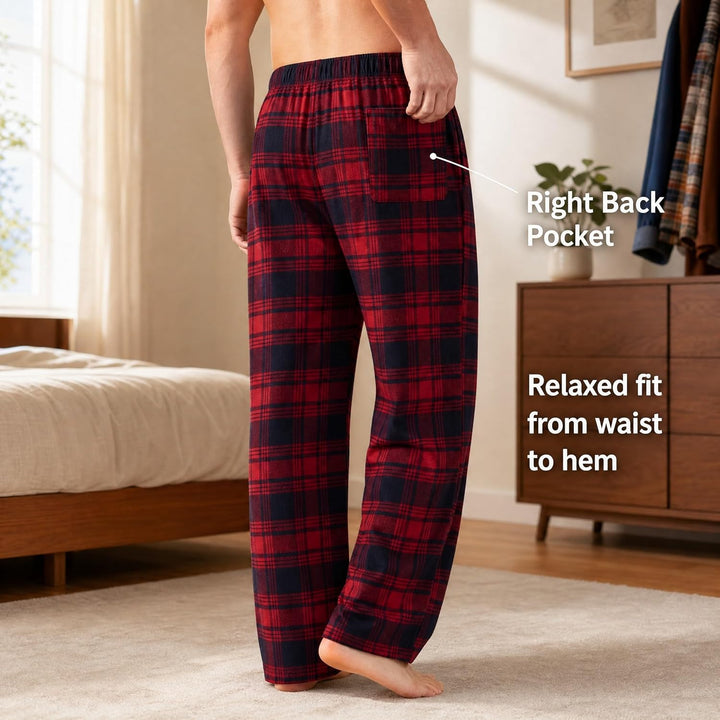 Herren 100% Baumwolle Flanell Bequeme Pyjama/Lounge Bottoms mit Taschen M Navy Red Plaid, M Navy Red