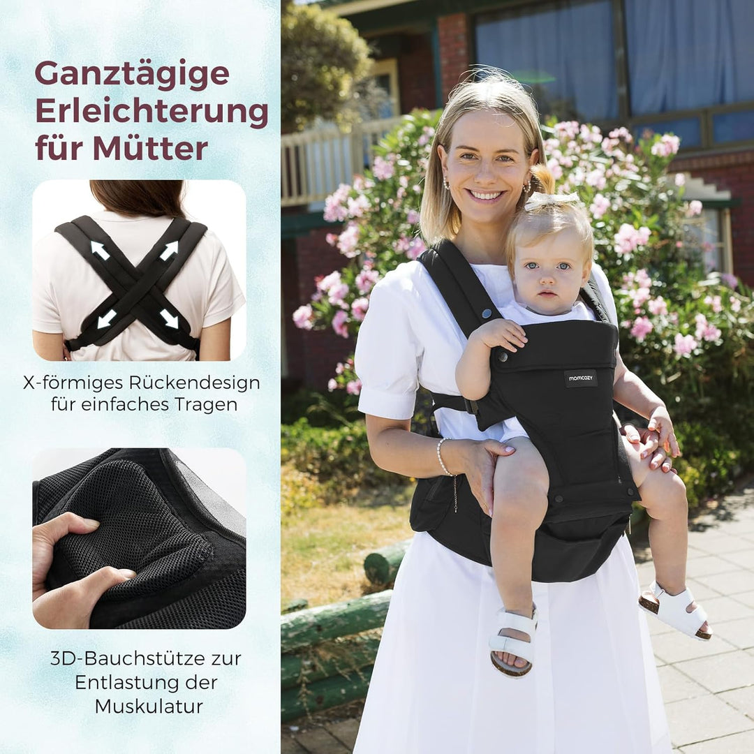 Momcozy Babytrage mit Hüftkissen, 2-in-1 Verstellbare &amp; Abnehmbare Babytrage bis 20kg, Atmungsaktive