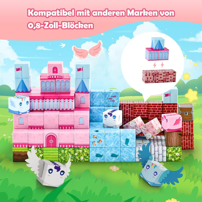 PINKCAT Magnetische Bausteine - Rosa Schloss Magnete Bausteine Spielset, Magnetischer Spielzeugbaust