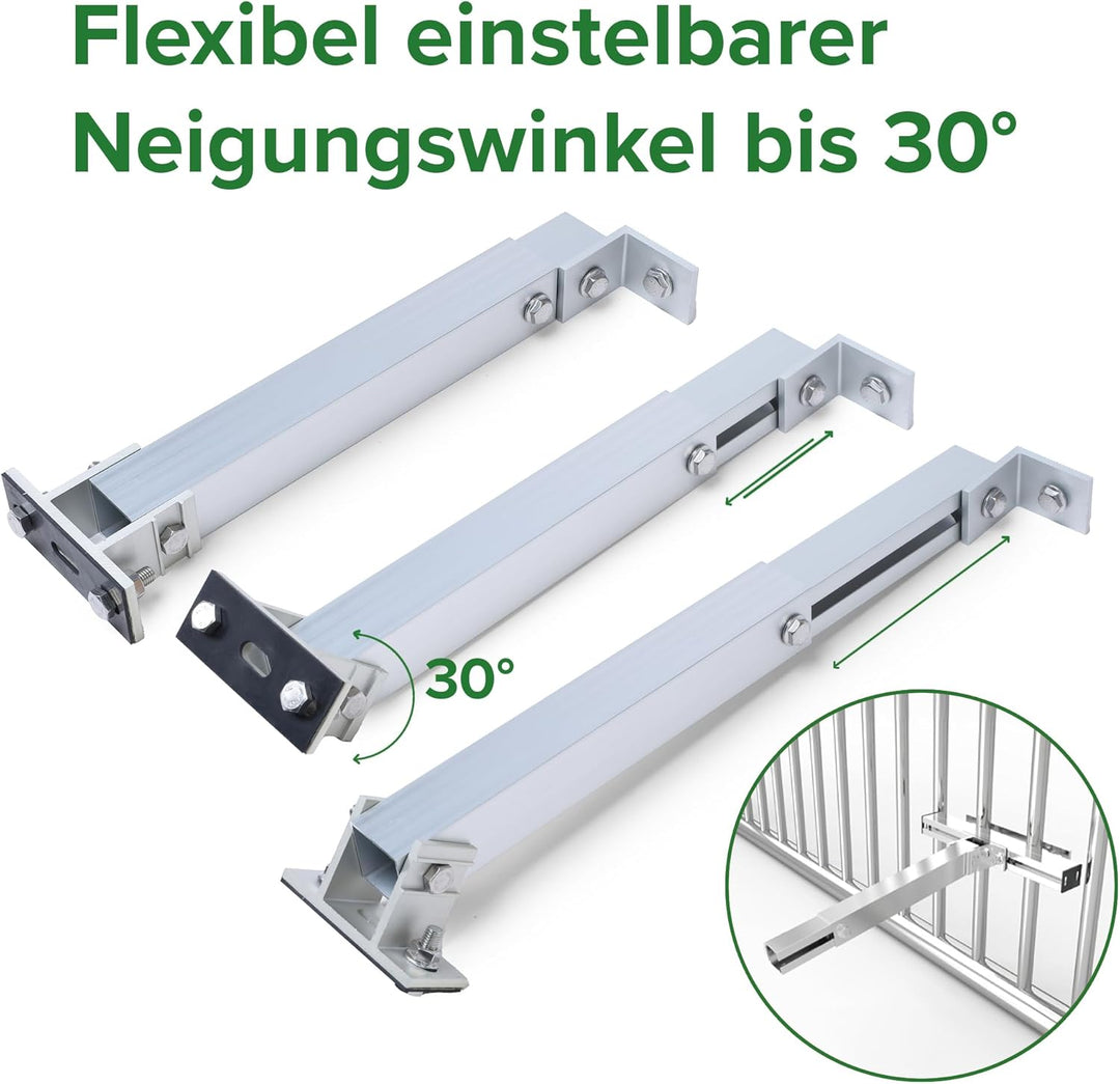 Balkonkhalterung Aluminium für PV Module – Neigungswinkel von 0° oder 10°-30° einstellbar – Vormonti