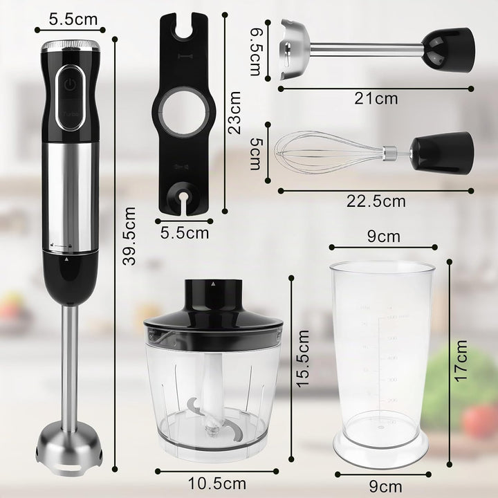 Dreamhigh® 4-in-1 Elektrische Stabmixer Set, 1000W Purierstab mit 12 Geschwindigkeiten &amp; TURBO, inkl