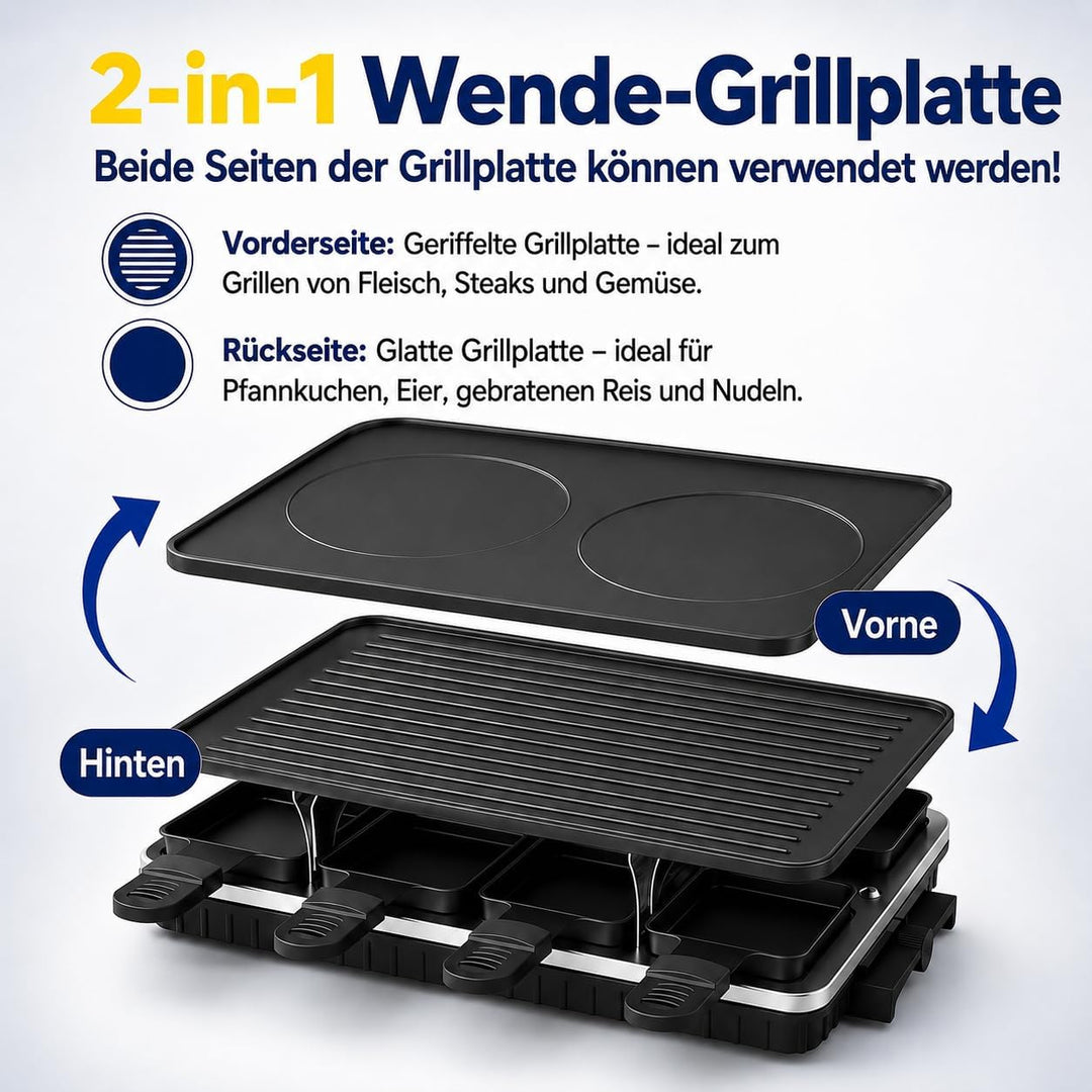 2-in-1 Raclette Grill, Raclette 8 Personen, 1300W Elektrogrill mit 1 Umkehrbarer Antihaft Grillplatt
