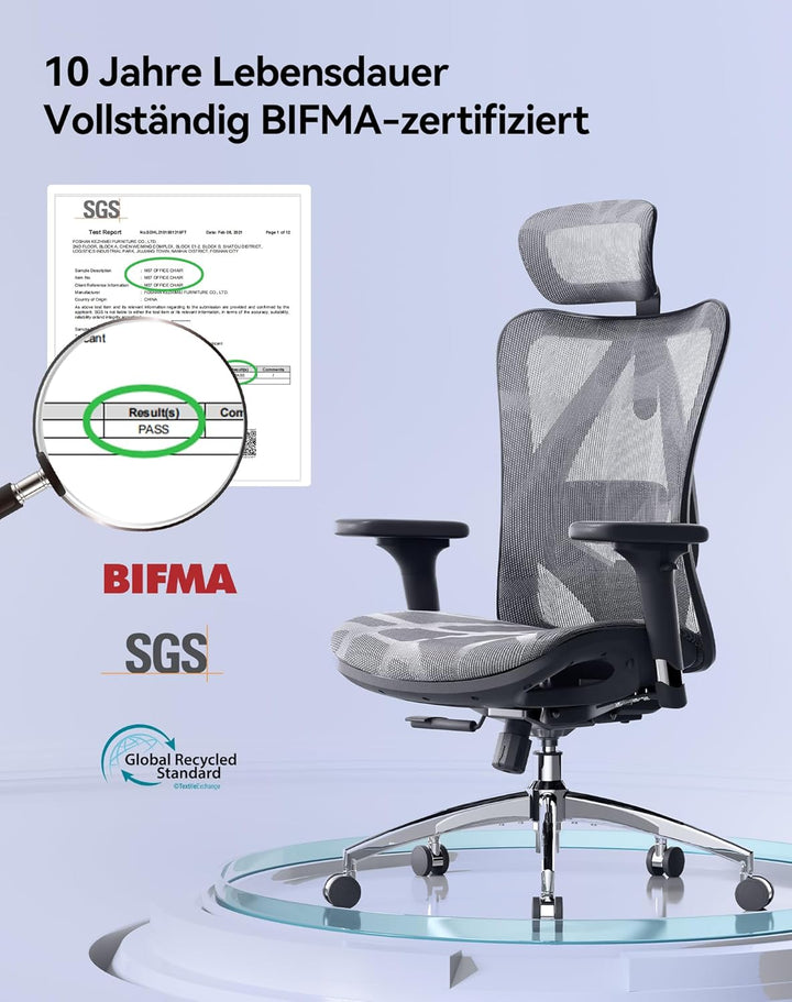 SIHOO Ergonomischer Bürostuhl, Chefsessel mit 3D verstellbare Armlehne und Lendenwirbelstütze, Hautf
