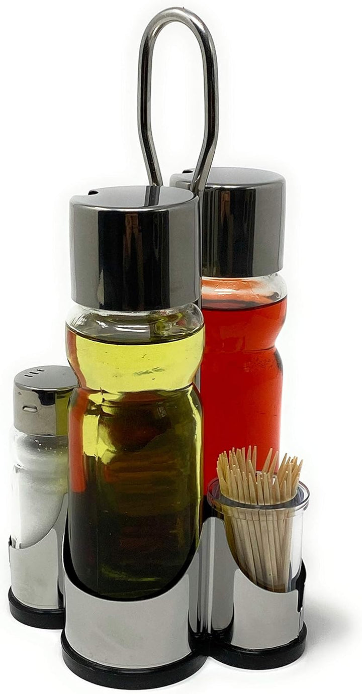 Menage Essig und Öl Spender Glas Salz Pfeffer Zahnstocher Set Edelstahl 250 Silber Glas Ölspender