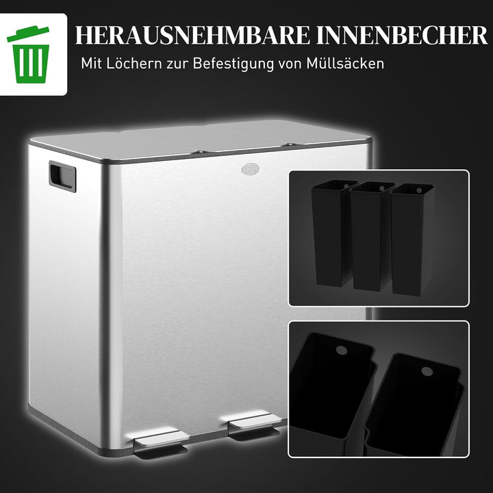 HOMCOM Mülleimer Küche 3 x 15 L Treteimer mit Softclose-Deckel und Pedal Mülltrennsystem 3 Fächer in