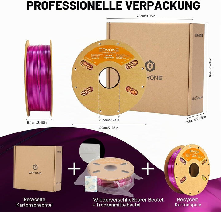 ERYONE Dreifarbiges Seiden PLA Filament 1.75mm,Seidiges Mehrfarbiges PLA-Filament für 3D-Drucker +/-