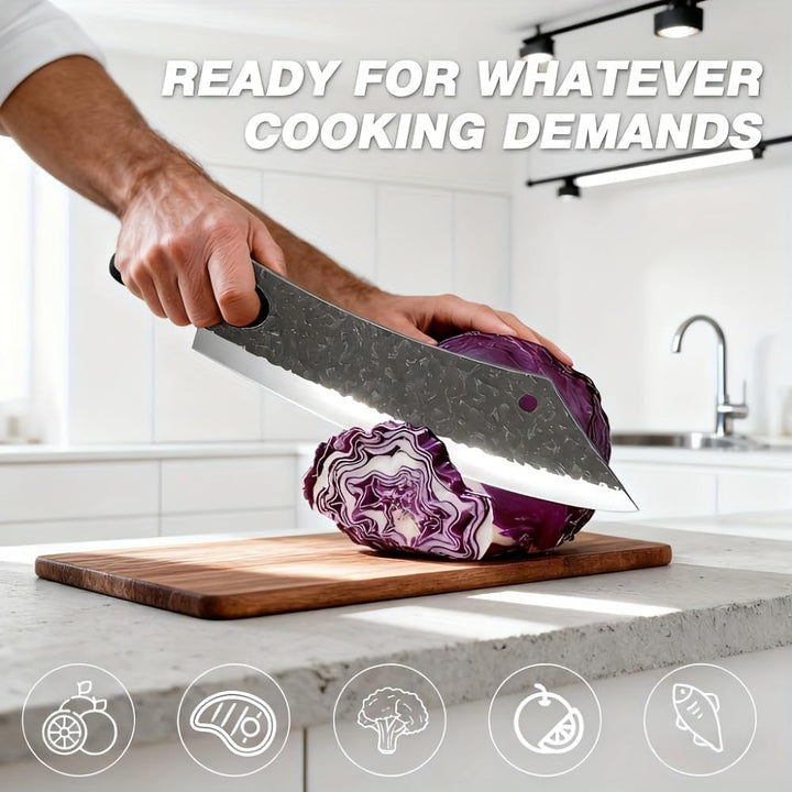 3-Piece Hand-Forged Kitchen Knife Set with Leather Sheaths - Sharp Chef, Cleaver &amp; Boning Knives for