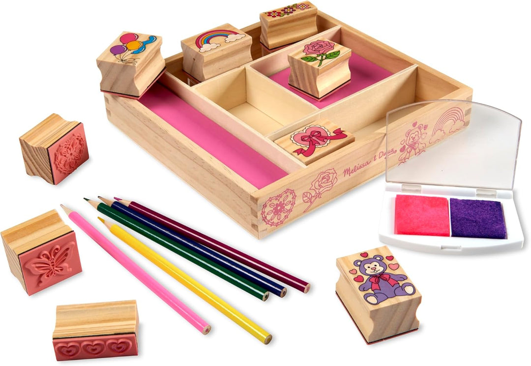 Melissa & Doug - Holzstempelset Freundschaft – 9 Stempel, 5 Buntstifte und EIN zweifarbiges Stempelk