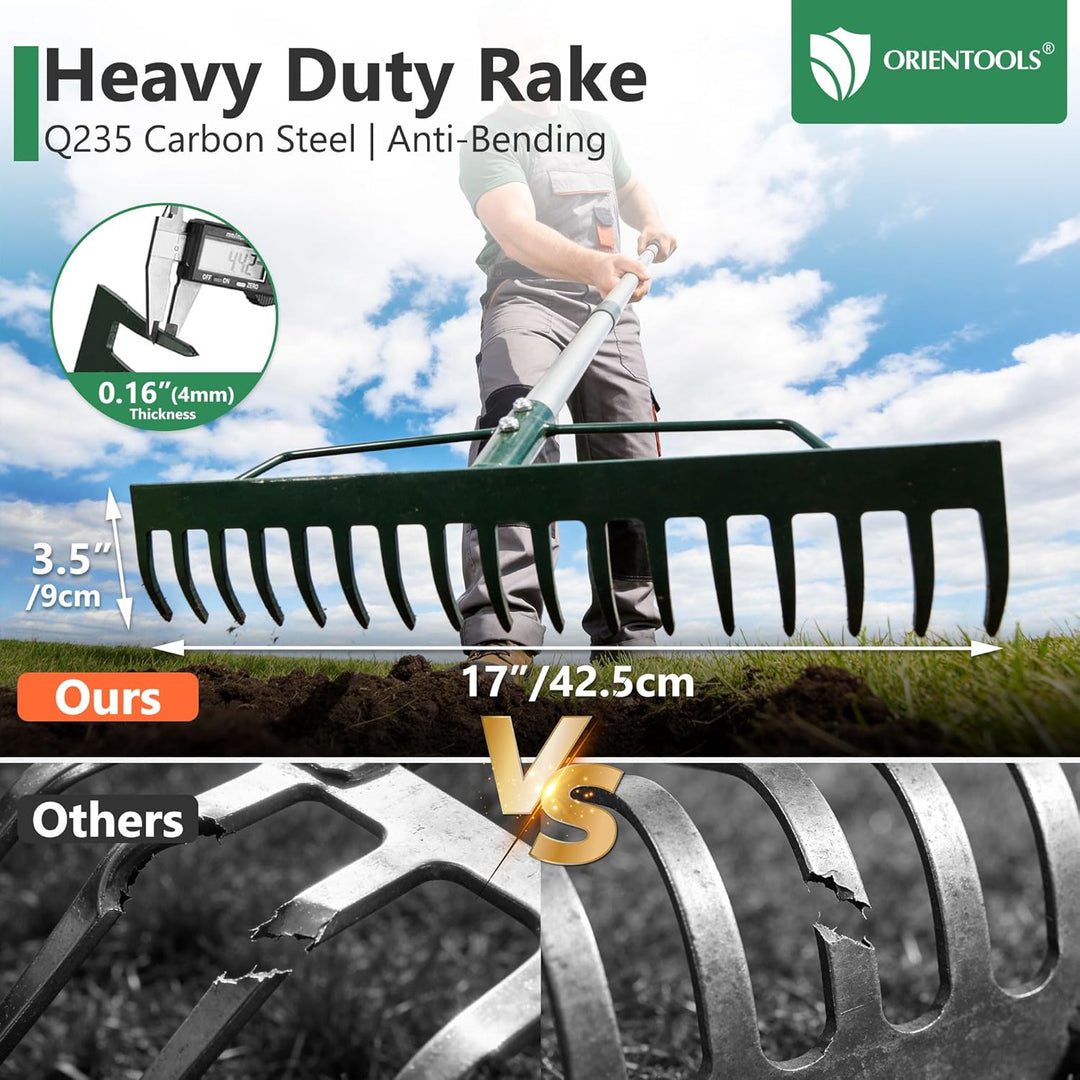 ORIENTOOLS Gartenrechen, schwere Ausführung, 44 cm Breite, 160 cm Stiellänge, 1,7 kg für Boden locke