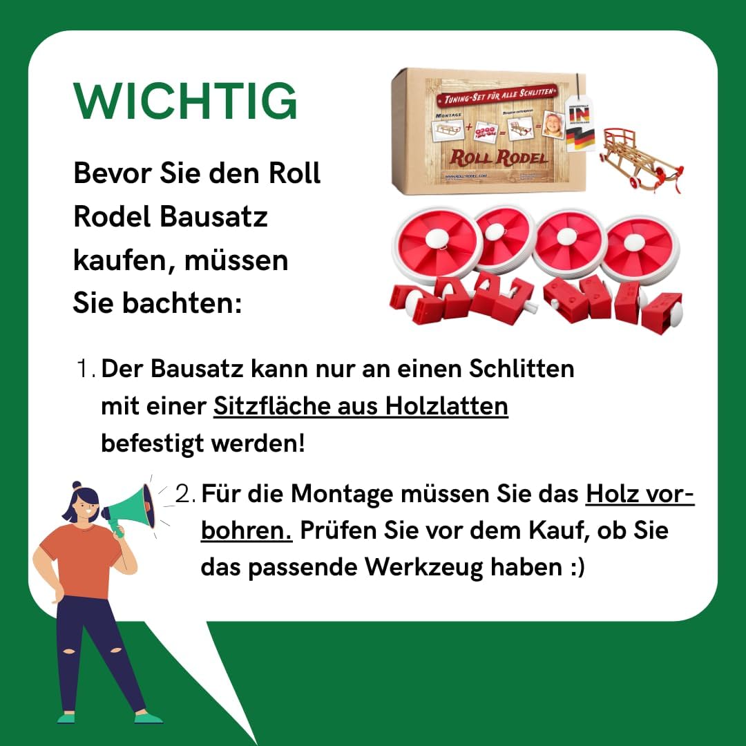 Roll Rodel Bausatz (ohne Schlitten) - Tuning Set für alle Holzschlitten / Rollen für Kinderschlitten