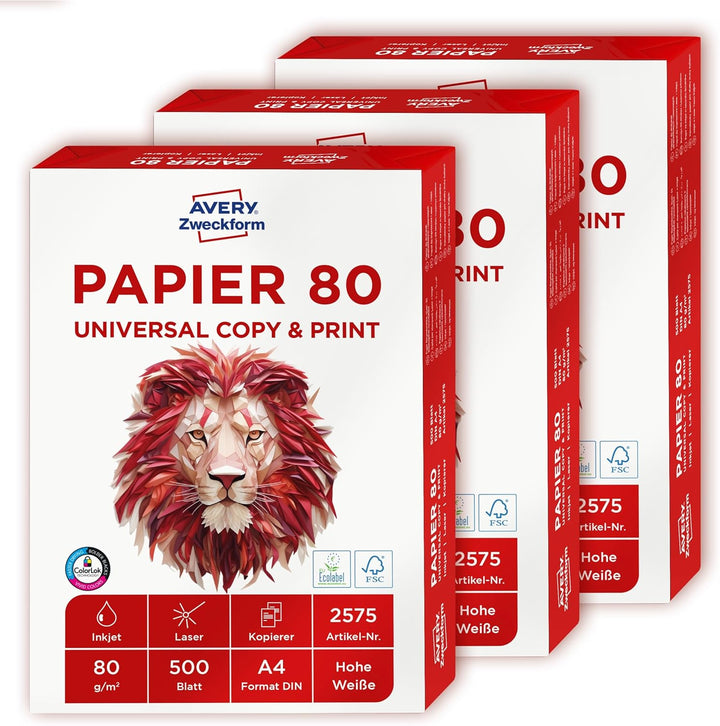 AVERY Zweckform 2575 Druckerpapier, Kopierpapier (1.500 Blatt, 80 g/m², DIN A4 Papier, weiss, für al