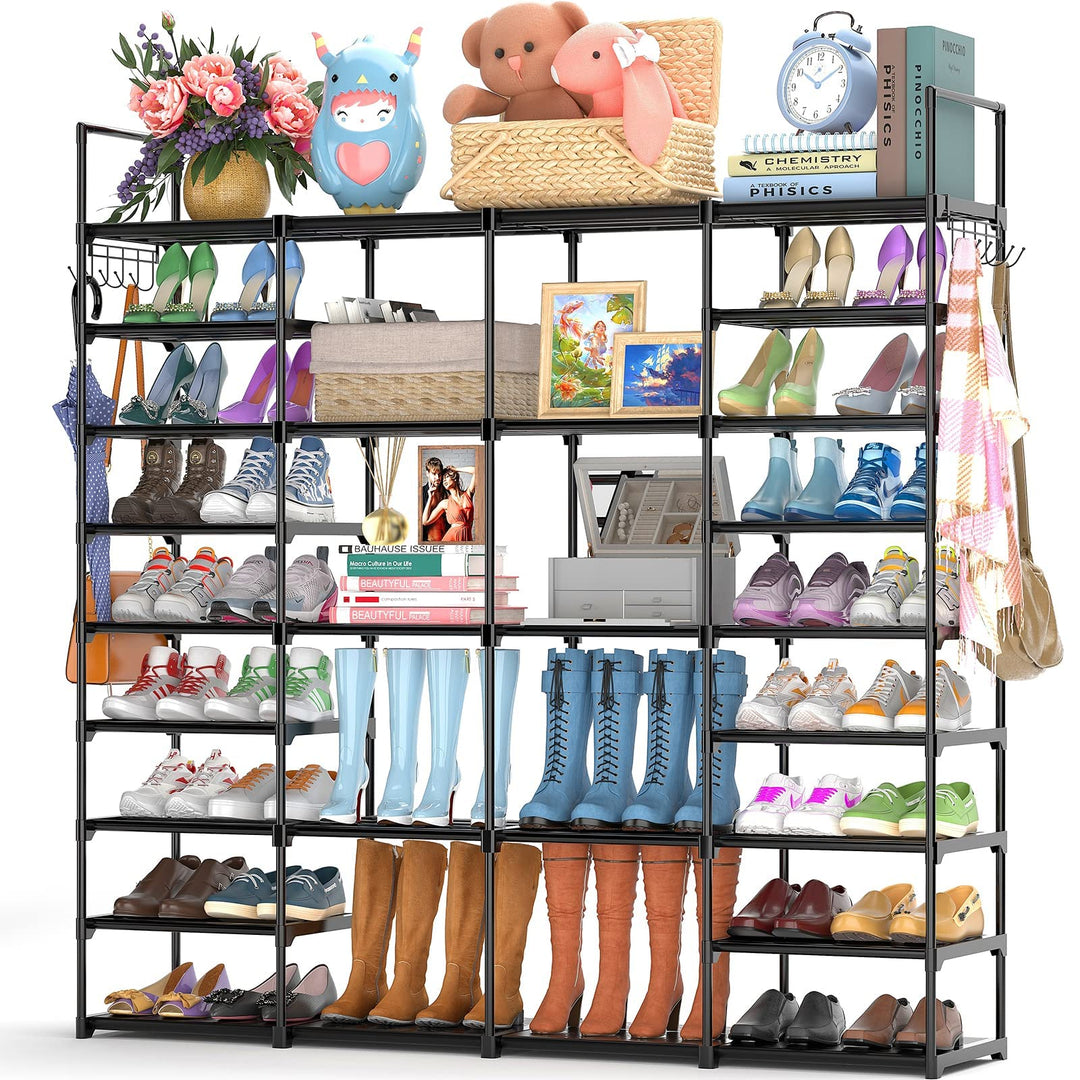 FINEW Schuhregal mit 9 Ebenen, Schuhablagen aus Metall, Grosses Schuhregal für 64-72 Paar Schuhe Auf