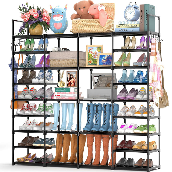 FINEW Schuhregal mit 9 Ebenen, Schuhablagen aus Metall, Grosses Schuhregal für 64-72 Paar Schuhe Auf