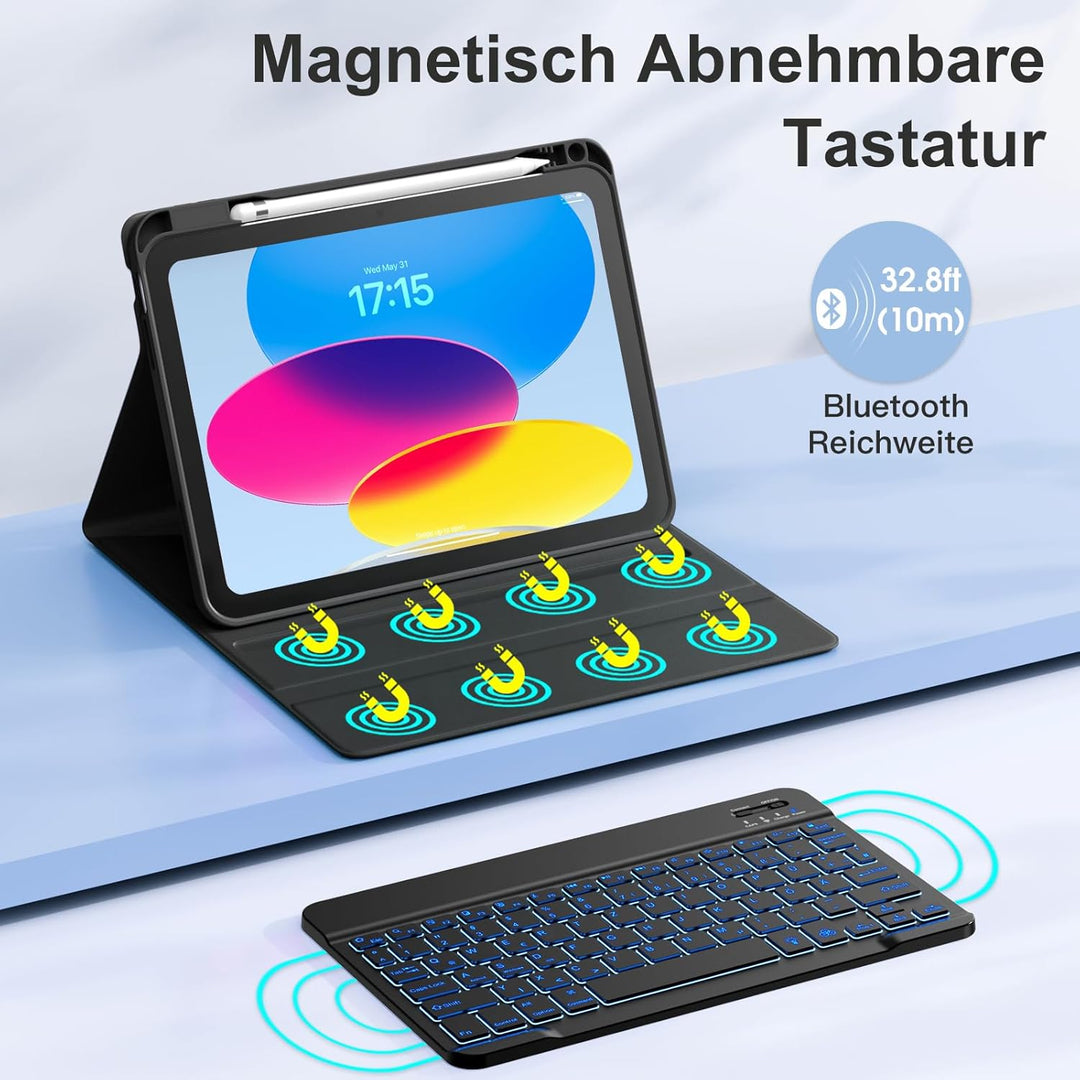 Vobafe Hülle mit Tastatur für iPad A16 11/10 Generation (2025/2022, 11/10.9 Zoll)- 7 Farben Beleucht