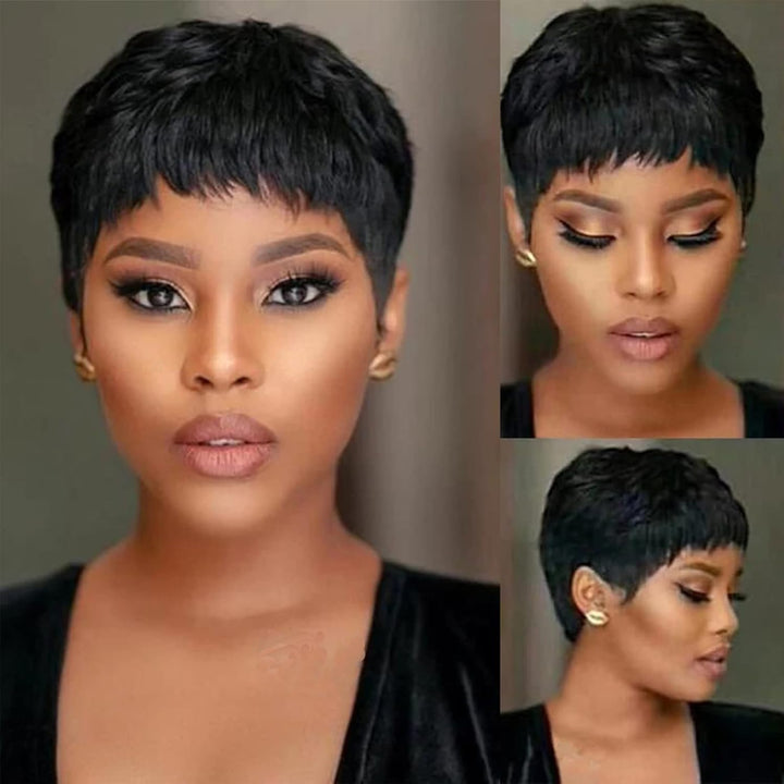 Echthaarperücke Kurzer Pixie-Cut Schwarzer Bob Perücken für Frauen Kleberlos geschichtet Keine Lace