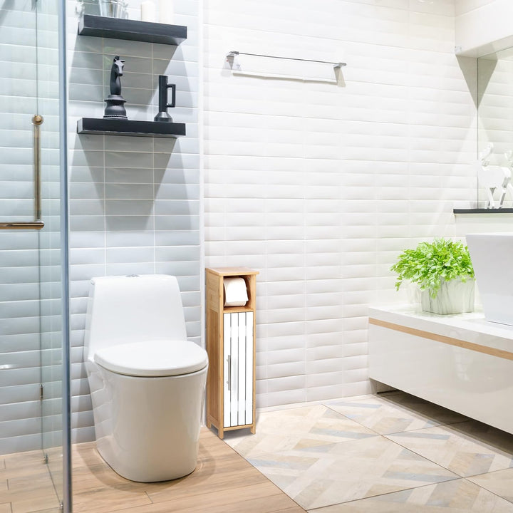 Relaxdays Toilettenpapierhalter stehend, Badezimmeregal HBT: 71x18x20 cm, MDF & Bambus, WC Papier Sc