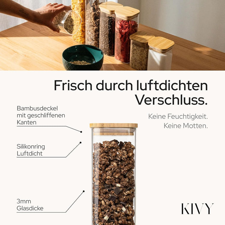 KIVY Vorratsgläser mit Deckel Luftdicht [4x 1000ml] Eckige Vorratsdosen Glas mit Deckel - Glasbehält
