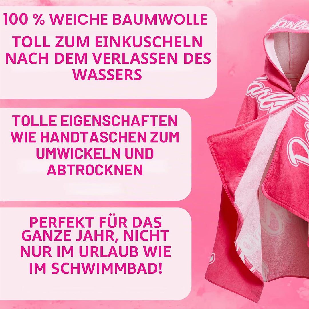 Barbie Mädchen Kapuzenhandtuch 100% Baumwolle Poncho gross Strandtuch Badetuch Schwimmen Wrap Changi