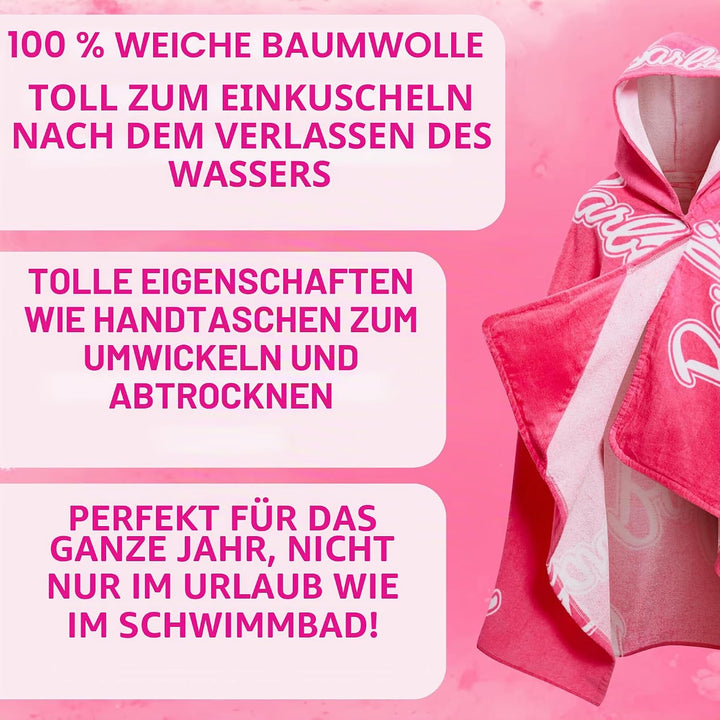 Barbie Mädchen Kapuzenhandtuch 100% Baumwolle Poncho gross Strandtuch Badetuch Schwimmen Wrap Changi