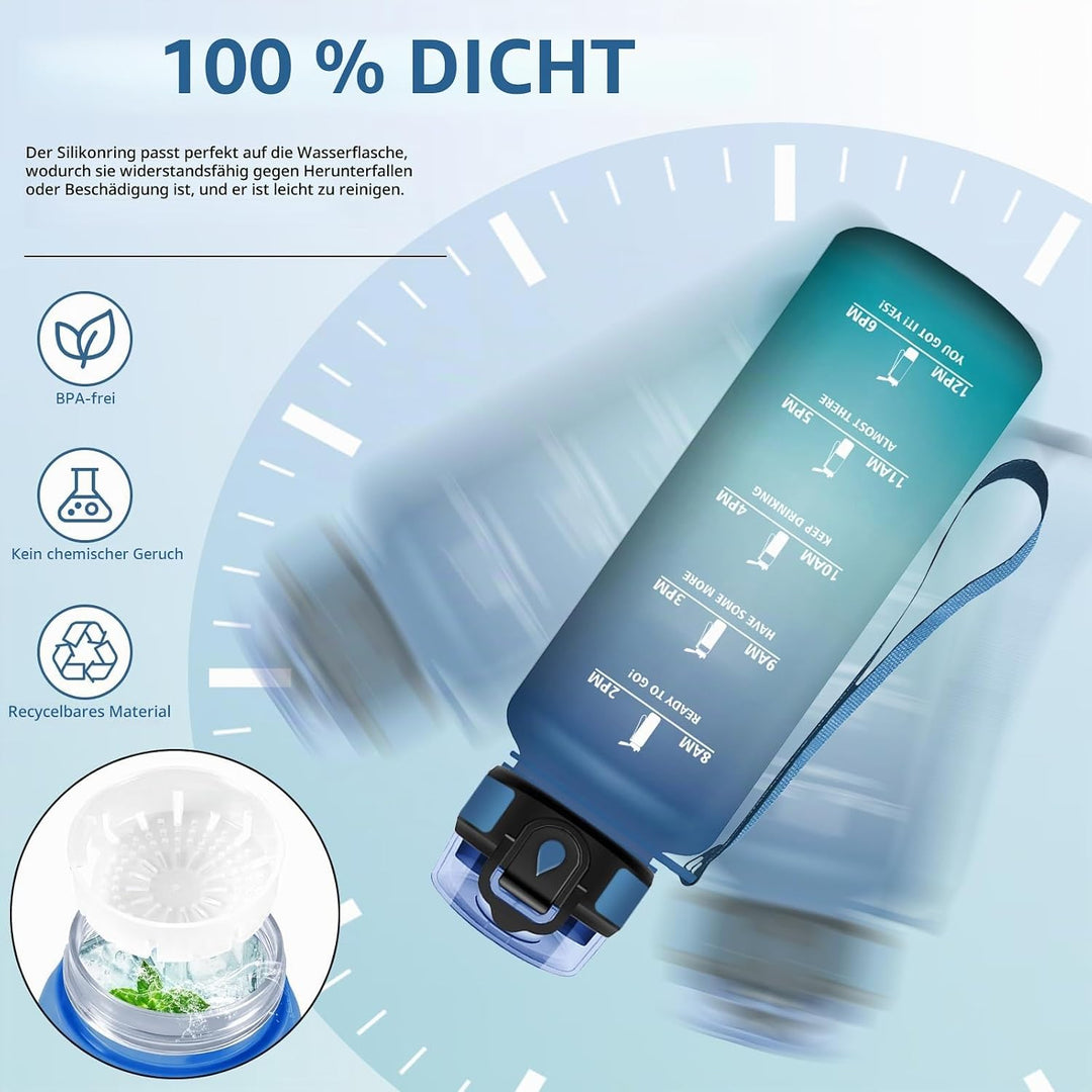 HoneyHolly Trinkflasche 1500ML, Sportflasche mit Filter, Wasserflasche, Auslaufsicher mit Zeitmarkie