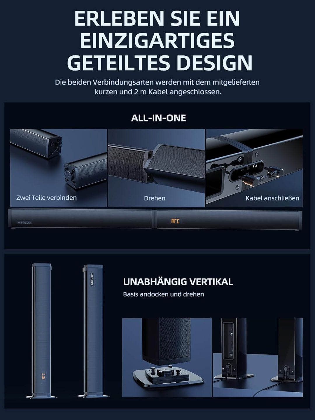 MEREDO Soundbar für TV Geräte mit Subwoofer PC-Gaming 2.1 Kanal Abnehmbare 2 in 1 Computer Lautsprec