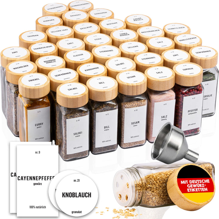 Deco haus® Gewürzgläser eckig mit Schraubkappe 36er Set [+Etiketten & Streueinsatz] - Gewürzdosen Se
