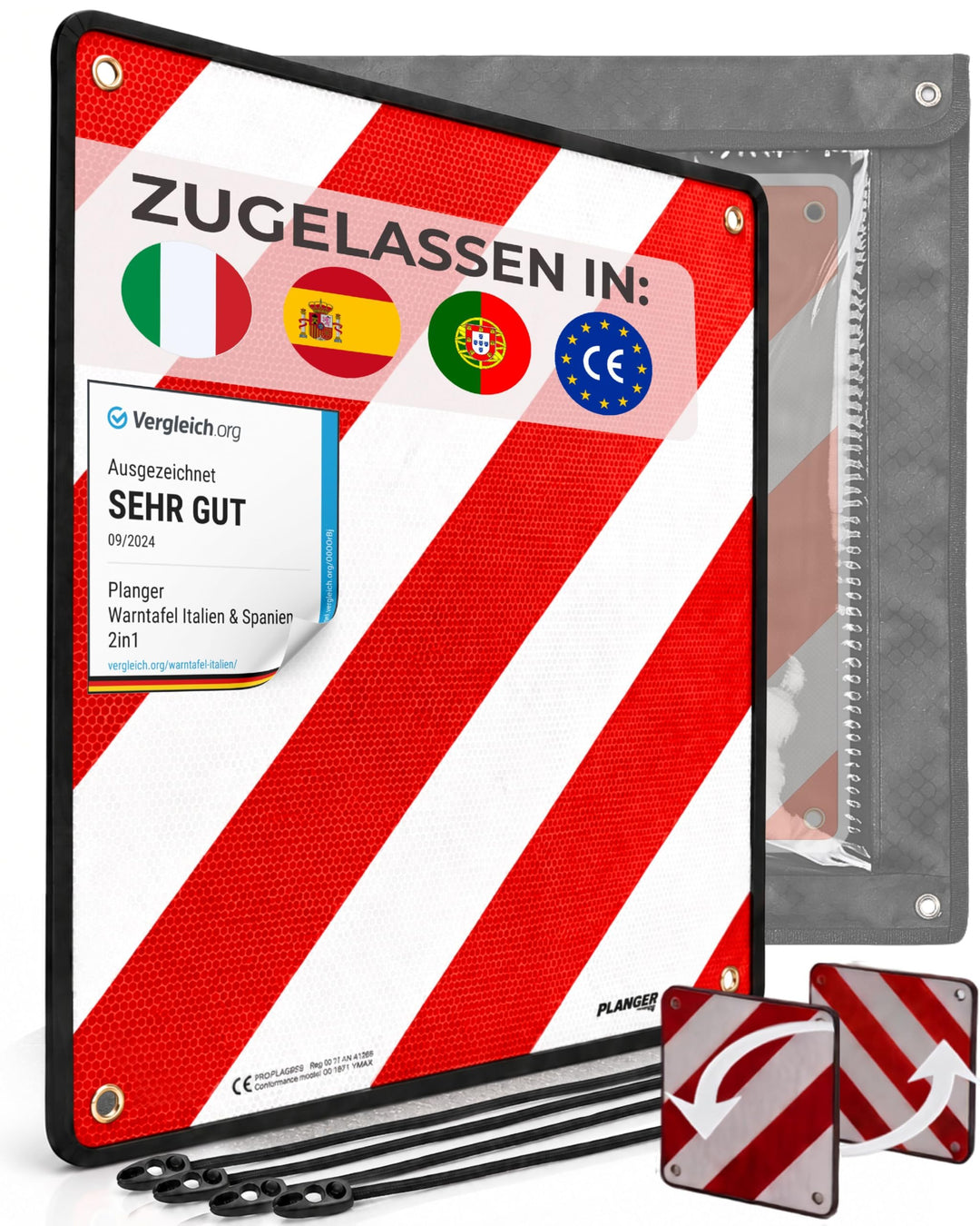 PLANGER® - Warntafel Italien und Spanien (Schild + Tasche + Spanner) 2in1 (50 x 50 cm) - Reflektiere