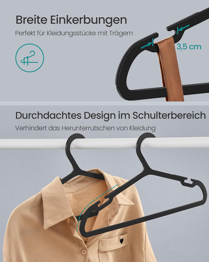 SONGMICS Kleiderbügel Kunststoff, 50er Set, Bügel, mit Breiten Schulterkerben, platzsparend, 41,7 cm