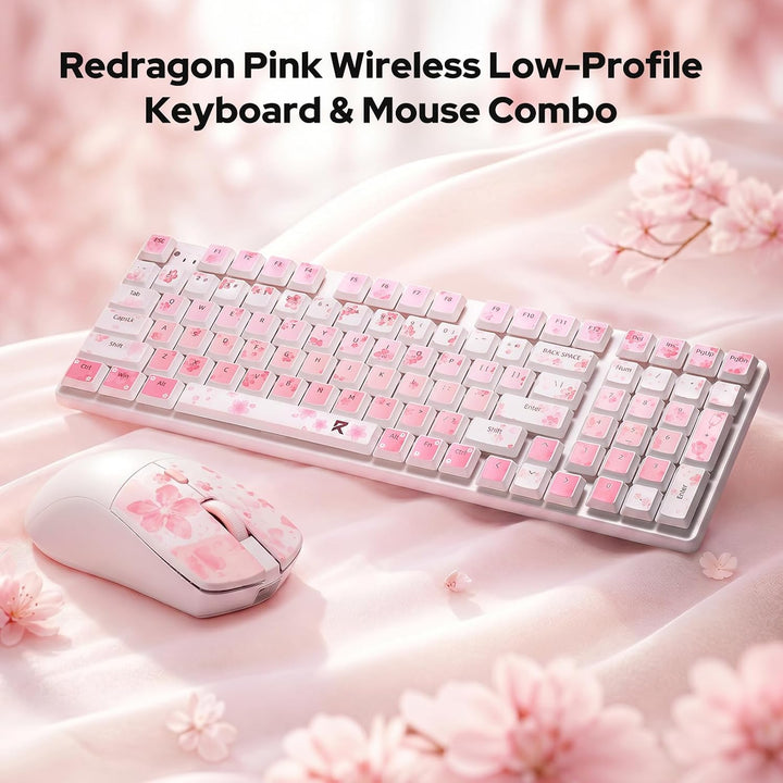 Redragon BS7552 Kabelloses Set 98 Tasten Flachmechanik 4000 DPI Sakura-Rosa