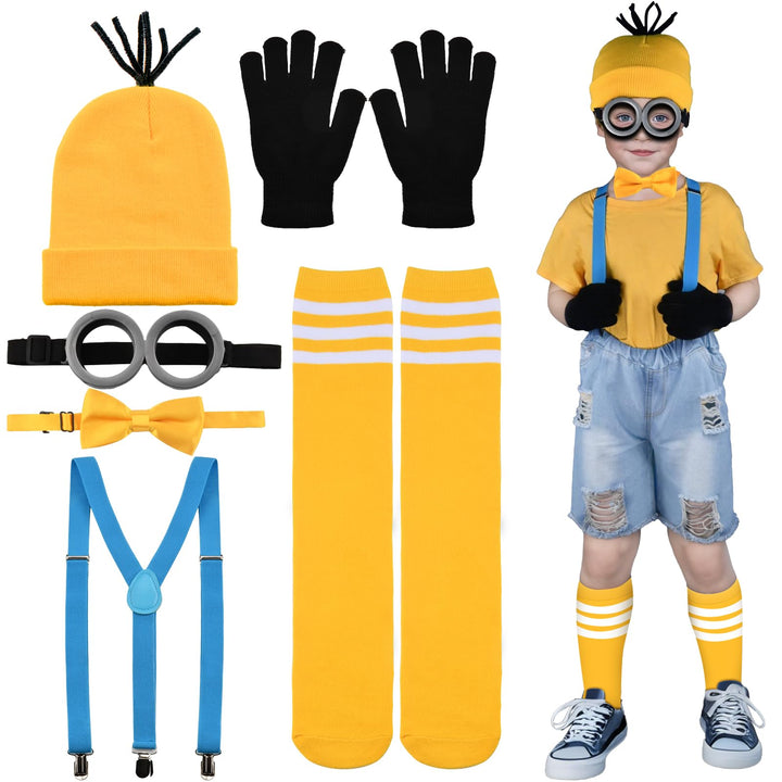 Gelbes Kostüm für Kinder, gelber Hut, gelbe Socken, schwarze Handschuhe, Y-Rücken, Hosenträger, gelb