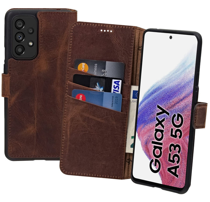 Suncase Book-Style Hülle kompatibel mit Samsung Galaxy A53 5G Leder Tasche (Slim-Fit) Lederhülle Han