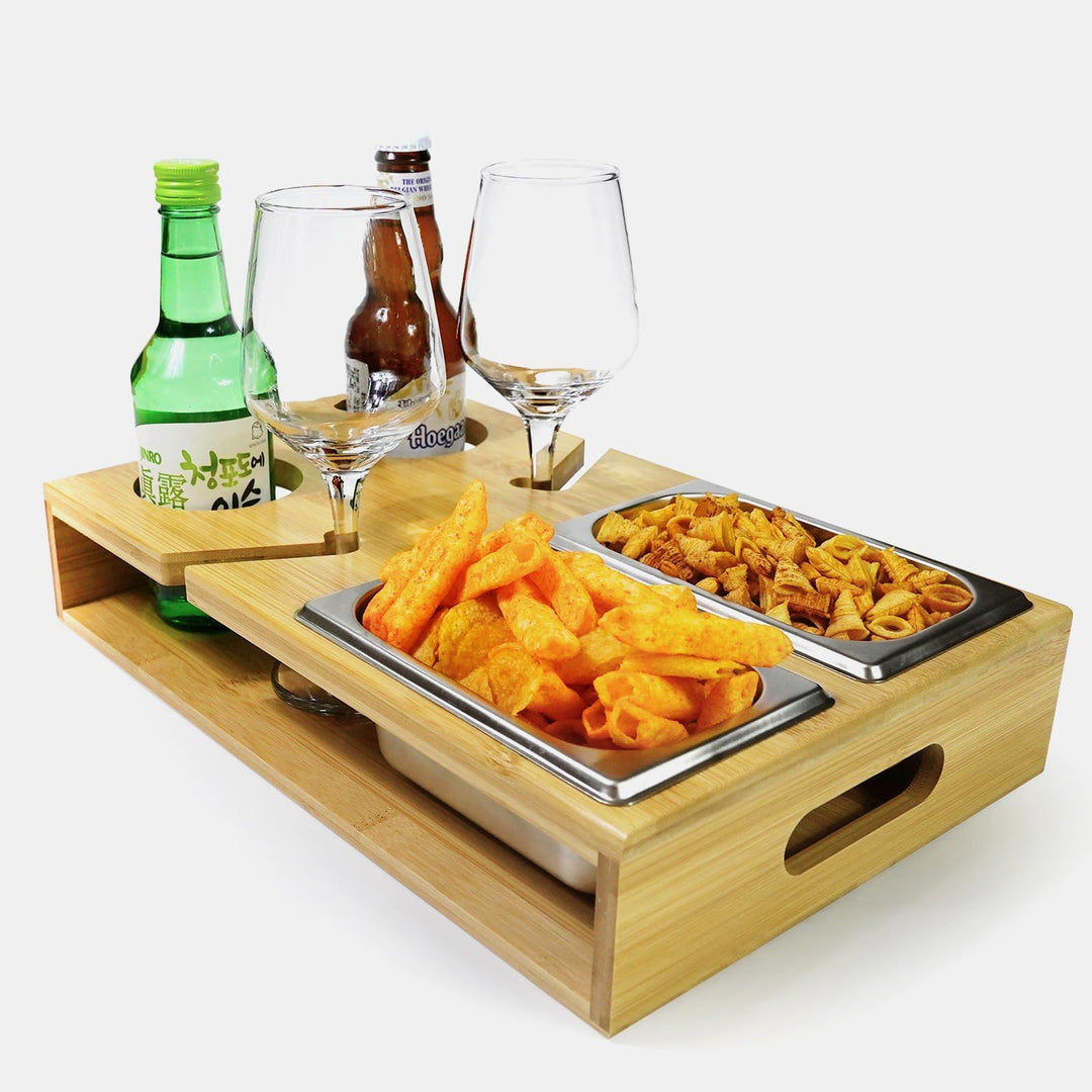 Couch Bar Holz, Couchbar Snackbox Weinglashalter, Rechteckig, Couch Butler mit Edelstahl-Snackschale