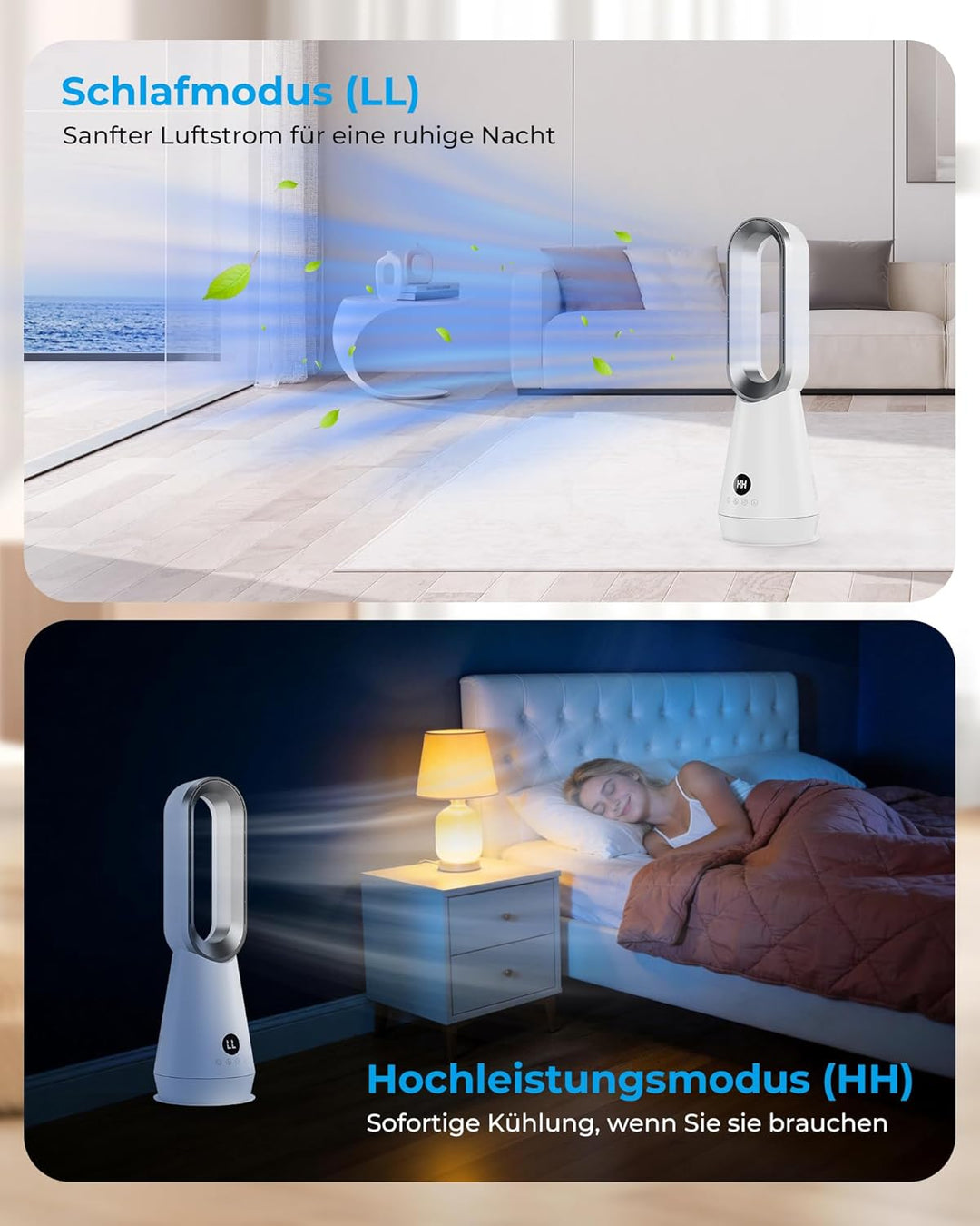 Rotorloser Ventilator leise - 56 cm Turmventilator mit Fernbedienung, 8 Geschwindigkeiten, 9-Stunden