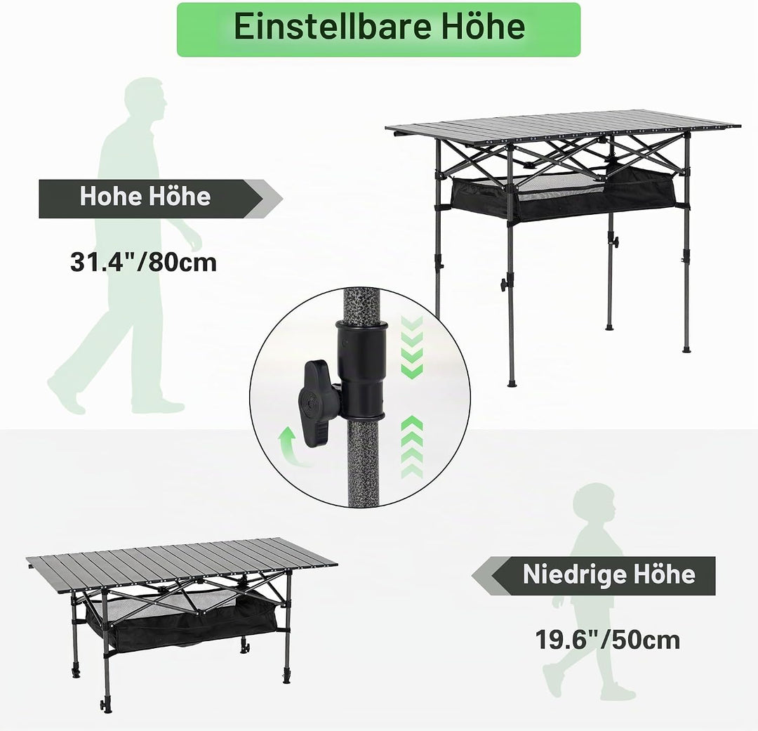 Campingtisch Klappbar 120 x 55cm, Klapptisch Höhenverstellbar(50/80cm), Tischplatte Aufrollbar, Trag