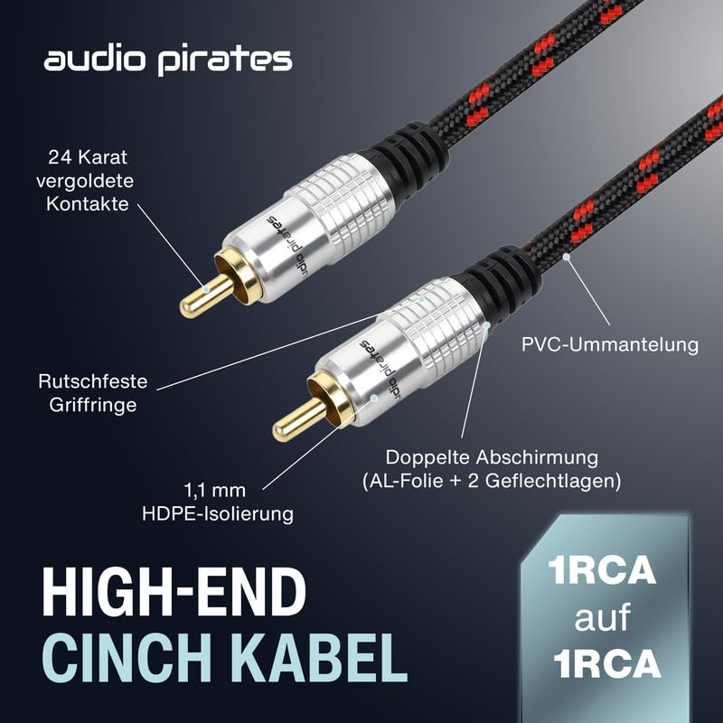 audio pirates Cinch Kabel 1x RCA Stecker auf 1x RCA Stecker, Audio-Kabel | Audiokabel mit Ummantelun