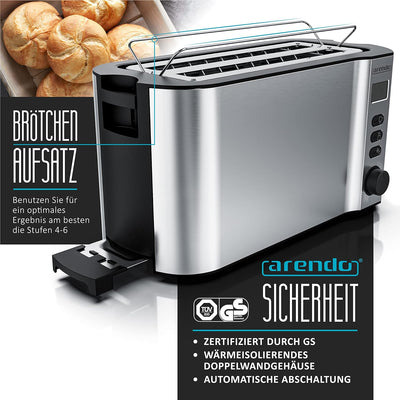 Arendo - Toaster Edelstahl Langschlitz 4 Scheiben - Doppelwandgehäuse - Integrierter Brötchenhalter