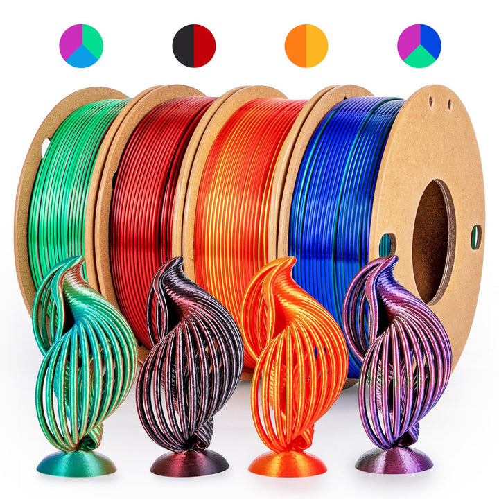dikale Silk 3D Printing Filament PLA+ Tricolor und Dual Color 4-Pack Bundle, 1.75mm 3D Printing PLA