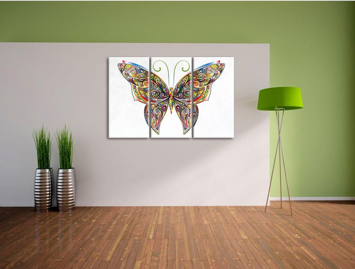 Pixxprint Prächtiger Schmetterling weiss 3-Teiler Leinwandbild 120x80 Bild auf Leinwand
