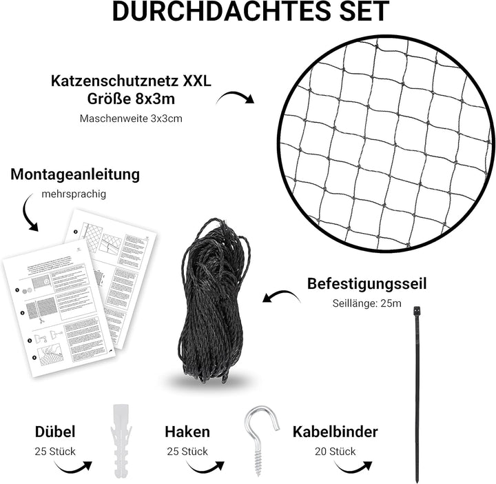 FinoPet Katzennetz für Balkon drahtverstärkt 8x3 Meter inklusive Befestigungsmaterial, Katzenschutzn