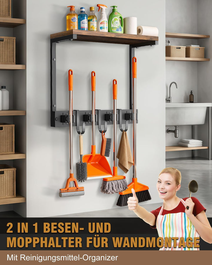Supforce Besenhalter Wandmontage mit oberer Holzablage, robuster Gerätehalter aus Metall für Reinigu