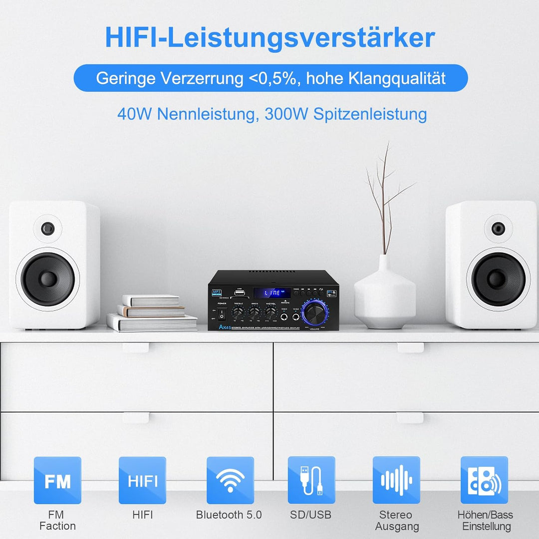 HiFi Verstärker mit Bluetooth, Mini Stereo Audio Amplifier Anlage 2.0 Kanäle 400W X 2 Endverstärker