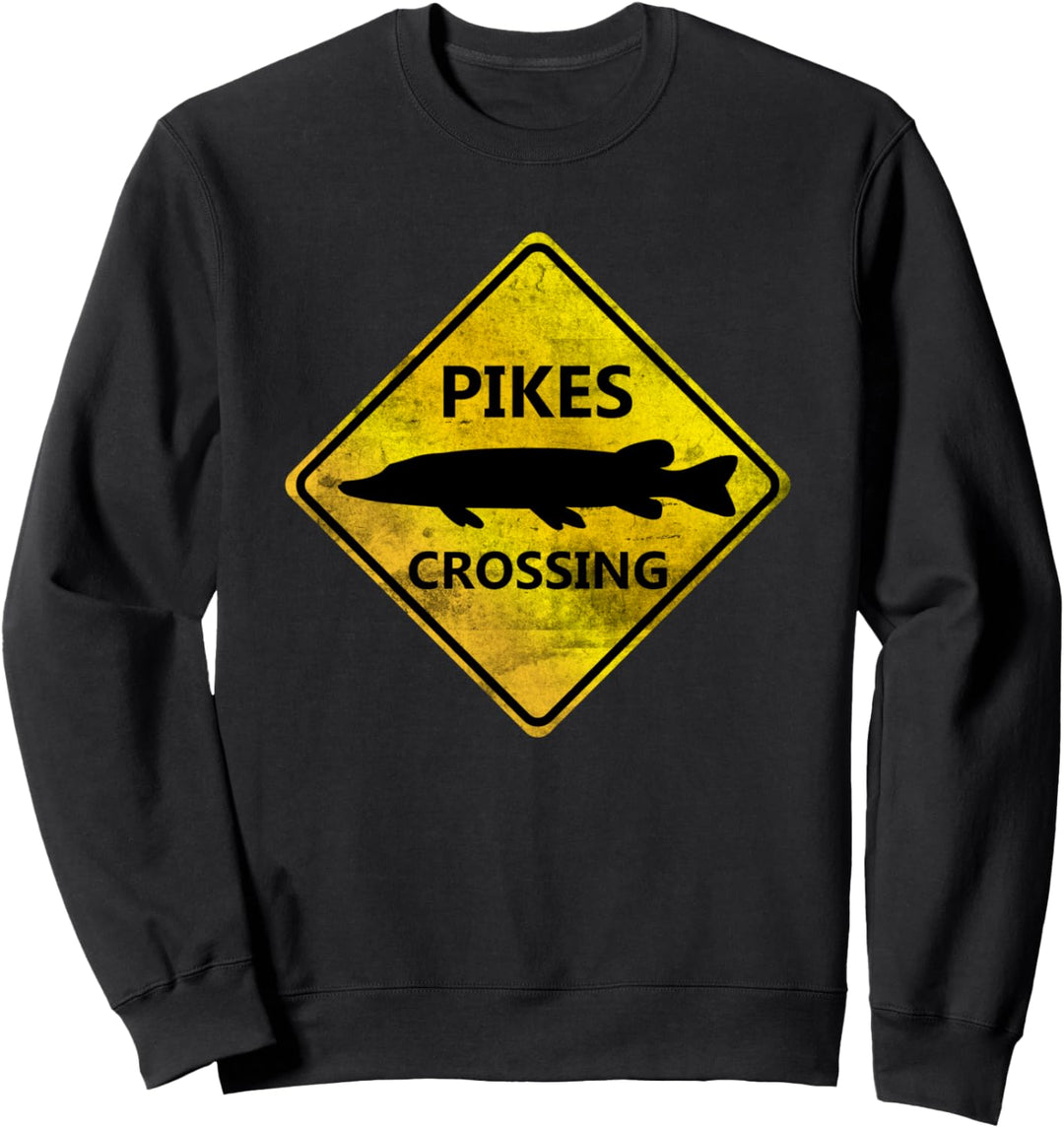 Hecht Pikes Crossing Lustiges Warnschild Raubfische Angler Sweatshirt