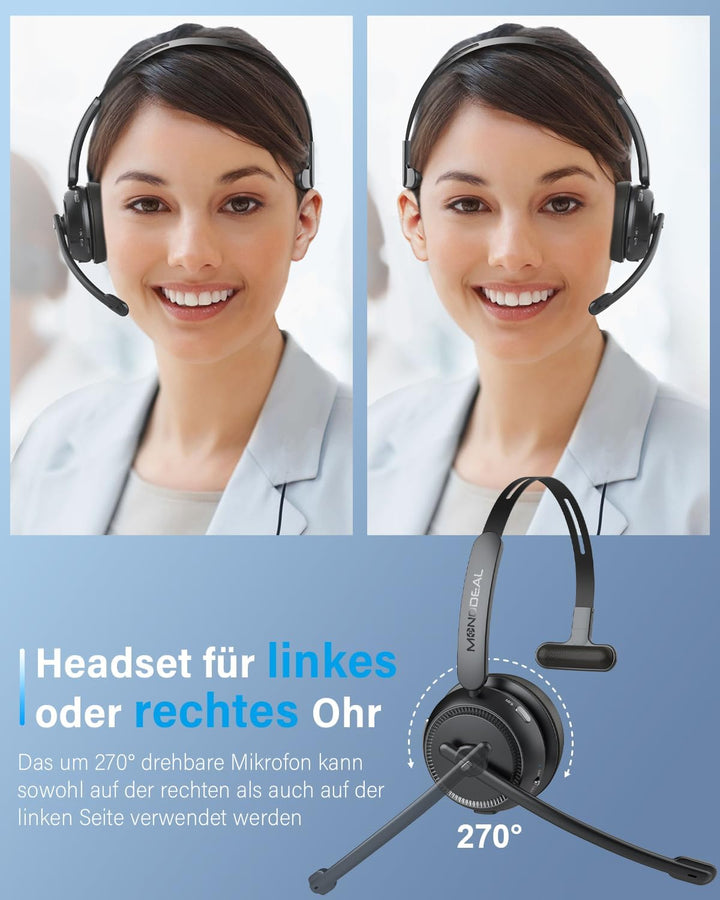 MONODEAL Bluetooth Headset mit Mikrofon, Wireless Headset mit Stummschalttaste, 65 Stunden Anrufe, H