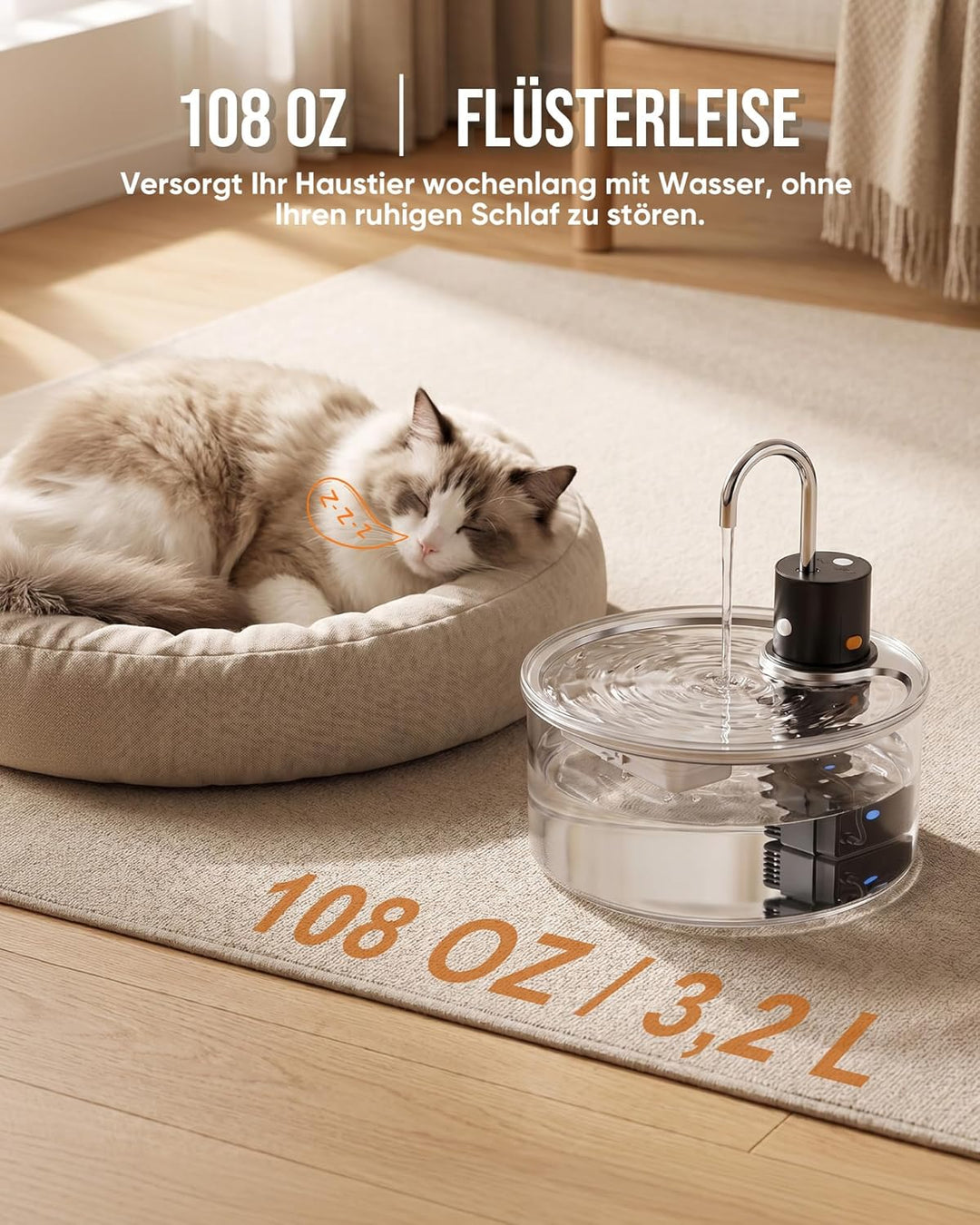 Tomxcute Trinkbrunnen für Katze Kabellos 3,2L, Katzenbrunnen Glas mit Bewegungsmelder, 5000mAh Wiede