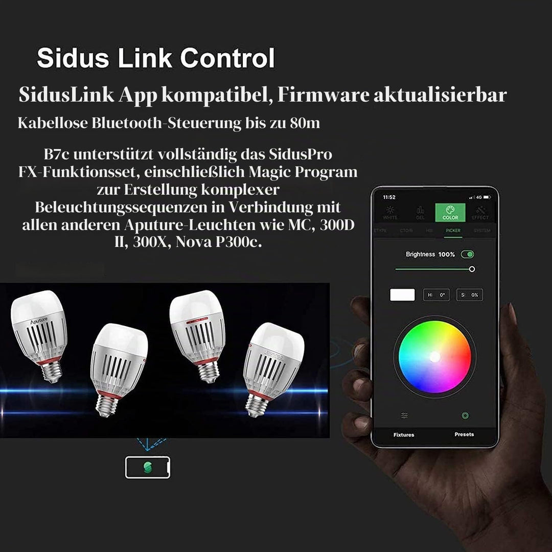 Aputure Accent B7C 7W RGBWW Smart Bulb CCT-Bereich 2.000K-10.000K und Sidus Link App Kompatibel für
