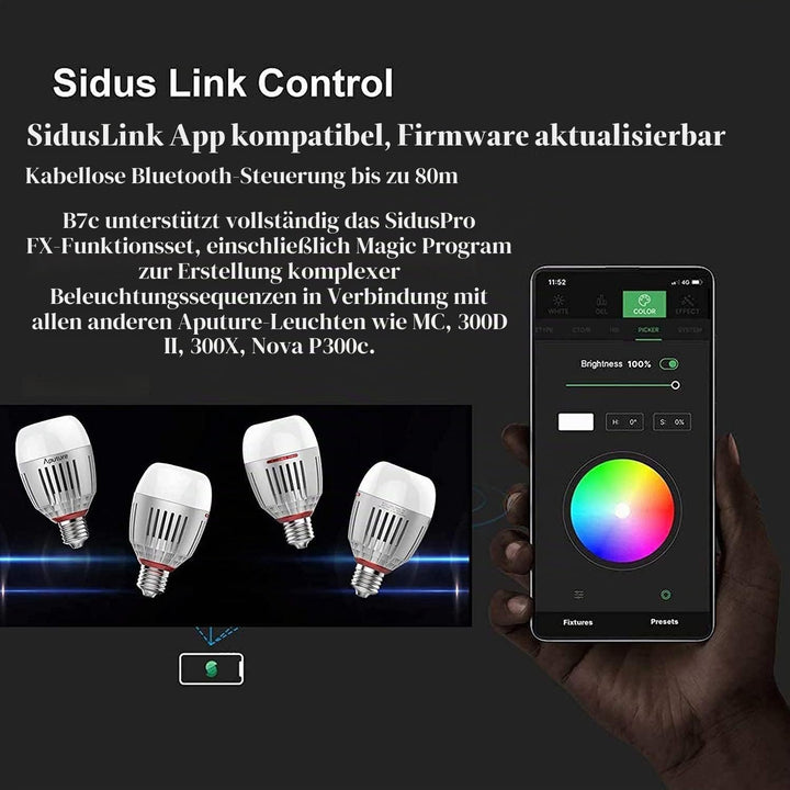 Aputure Accent B7C 7W RGBWW Smart Bulb CCT-Bereich 2.000K-10.000K und Sidus Link App Kompatibel für
