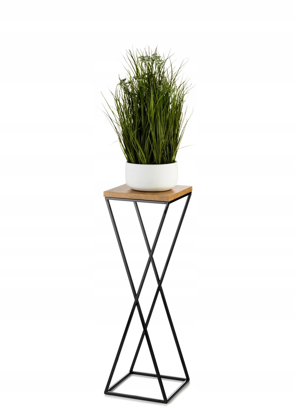 Pflanzenständer Metall 70 cm Hoch - Stabiler und Fester Blumenhocker mit Eiche Optik MDF-Platte auf