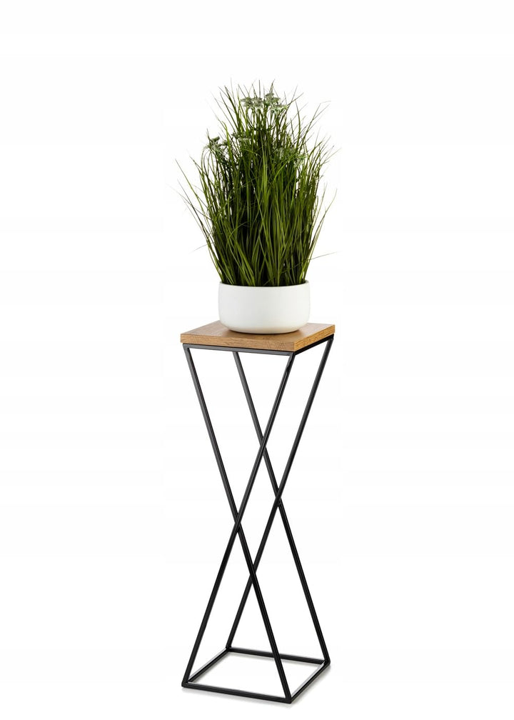 Pflanzenständer Metall 70 cm Hoch - Stabiler und Fester Blumenhocker mit Eiche Optik MDF-Platte auf