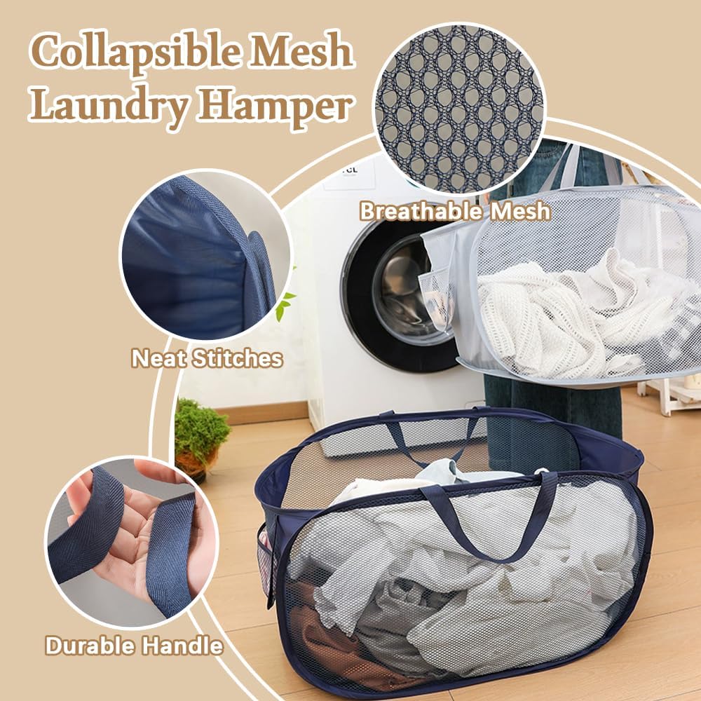 4Pcs Mesh Falten Wäschekörbe, 75L grosse Pop-up Wäsche Hamper Bins zusammenklappbar mit Griffen und